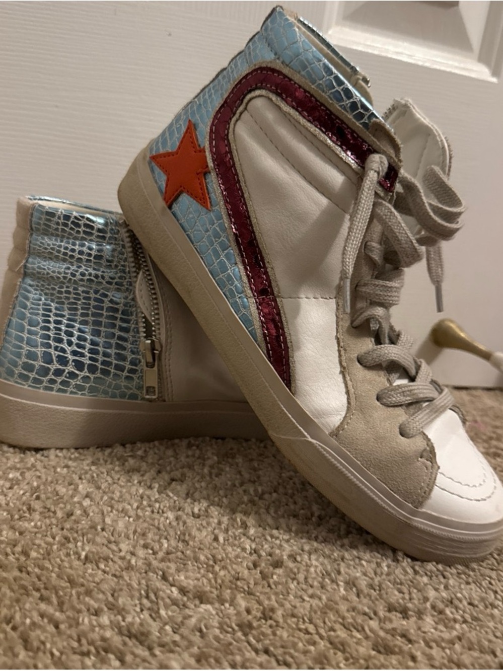 ShuShop White, Light Blue & Orange High-Top Sneakers